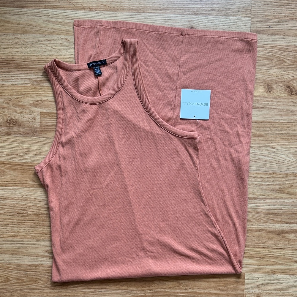 Beyond Yoga Sleeveless Midi Dress in Terracotta Peach